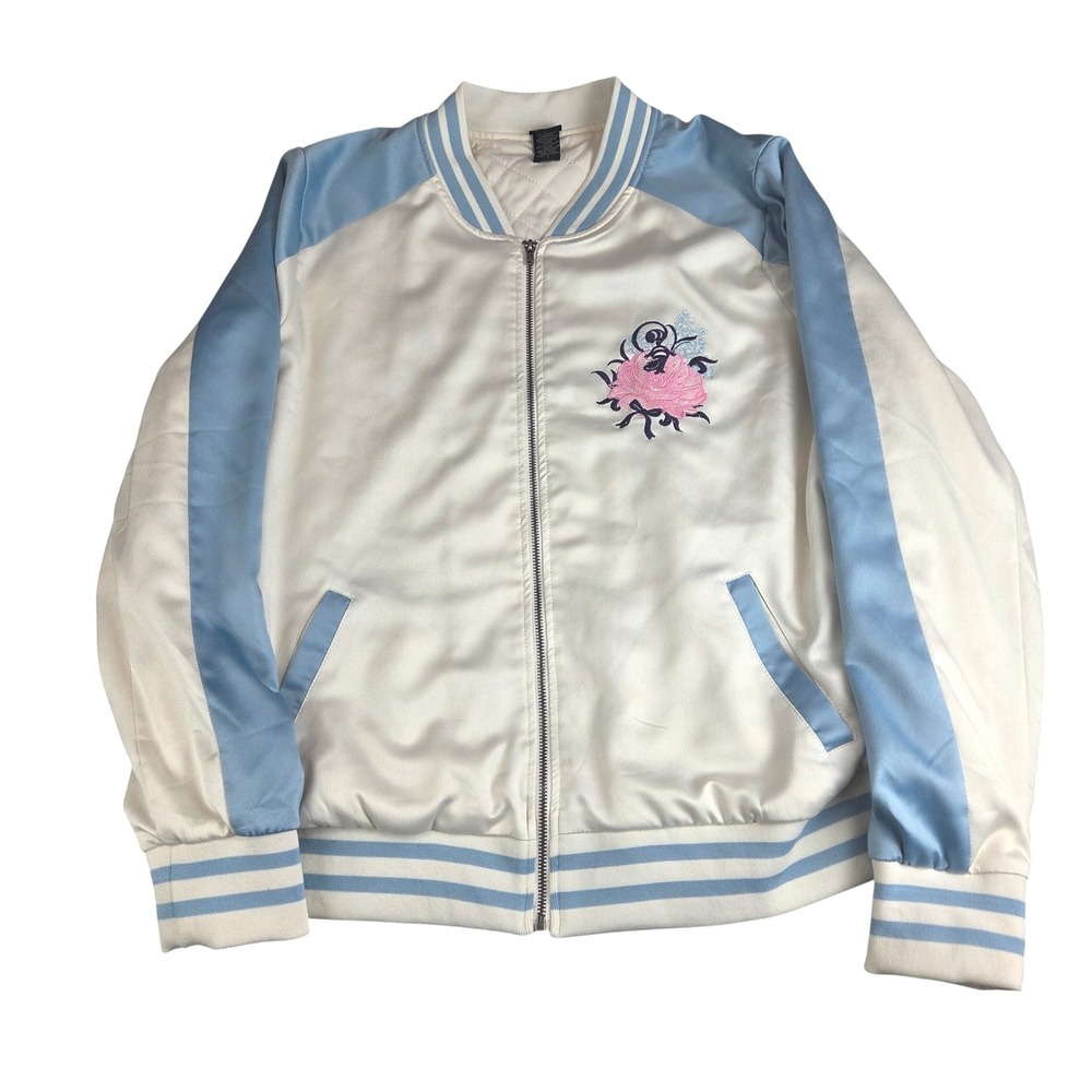 Disney Alice in Wonderland Satin Bomber Jacket Women 1X Blue White Quilted Retro